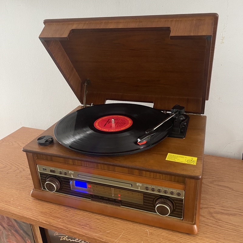 เครื่องเล่นแผ่นเสียง กล่องไม้ แนว Vintage (แผ่นเสียง +CD +Bluetooth )แถม แผ่นเสียงมือสองและปลายเข็มสำรอง