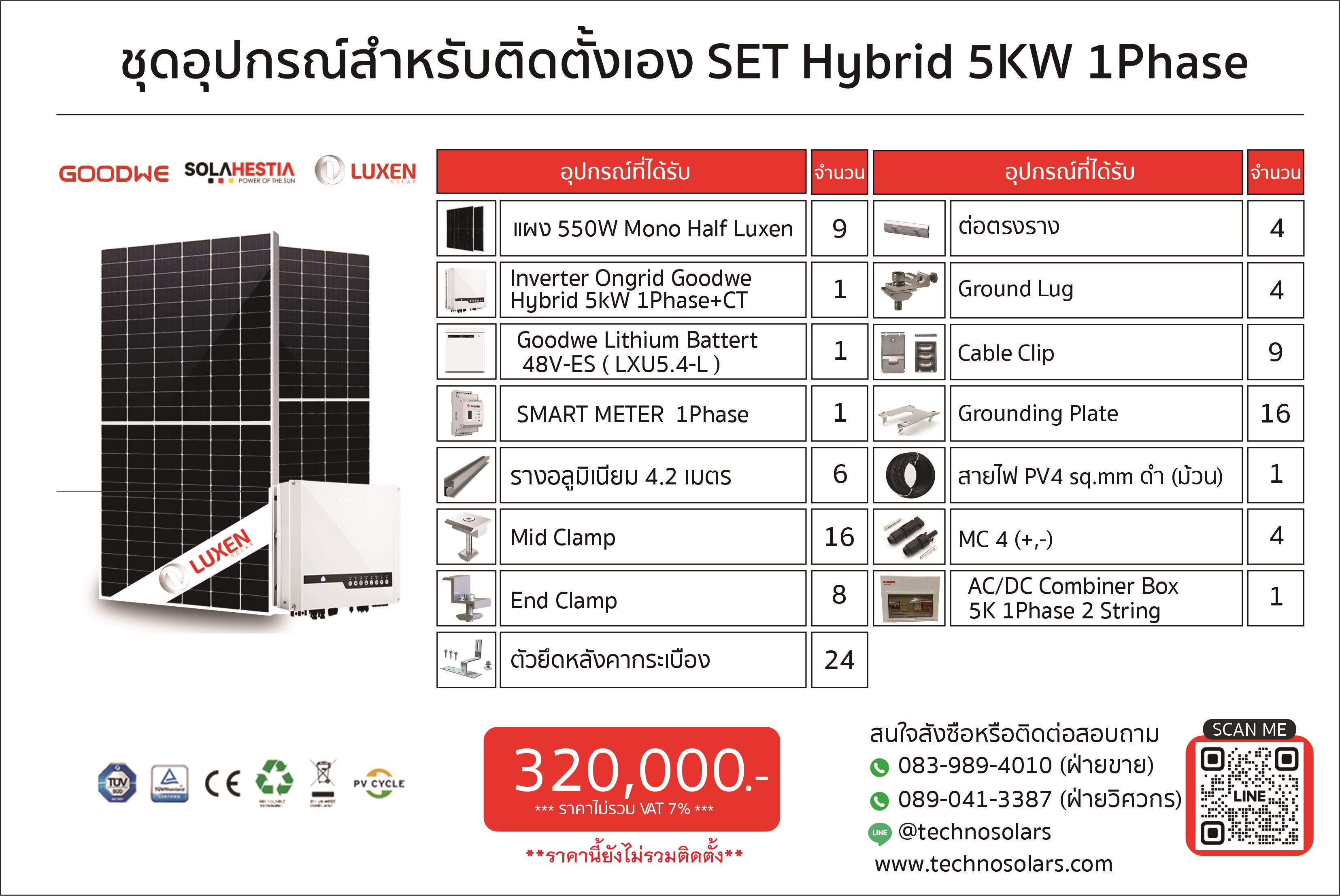 ชุดโซล่าเซลล์ไฮบริดพร้อมแบตเตอรี่สำรองไฟ 5kW 1Phase