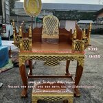 ธรรมาสน์ 2 ชั้น (ขาสูง) ไม้สัก พื้นสีไม้ธรรมชาติ ปิดทอง ลายดอกพิกุล พร้อมที่เสียบตาลปัตร