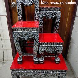 โต๊ะหมู่บูชา หมู่ 4 หน้า 10 (หมู่ซัด) ไม้สัก งานถมมุก ลายไทย