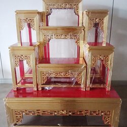 โต๊ะหมู่บูชา หมู่ 7 หน้า 10 ไม้สัก ปิดทอง ลายเก๋งจีน