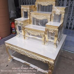 โต๊ะหมู่บูชา หมู่ 7 หน้า 8 ไม้เบญจพรรณ ปิดทอง ลายดอกพิกุล สีขาวงาช้าง